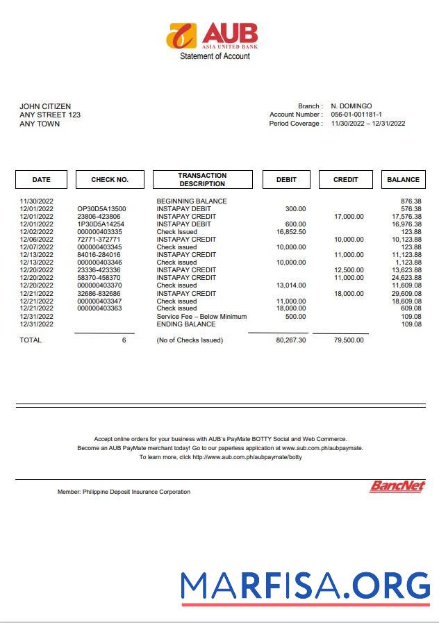 Realistic Philippines Asia United bank (AUB) account statement word sample